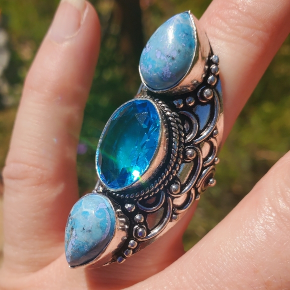 New Swiss Blue Topaz and Mosaic Jasper 925 Silver Statement Ring. - Picture 1 of 11